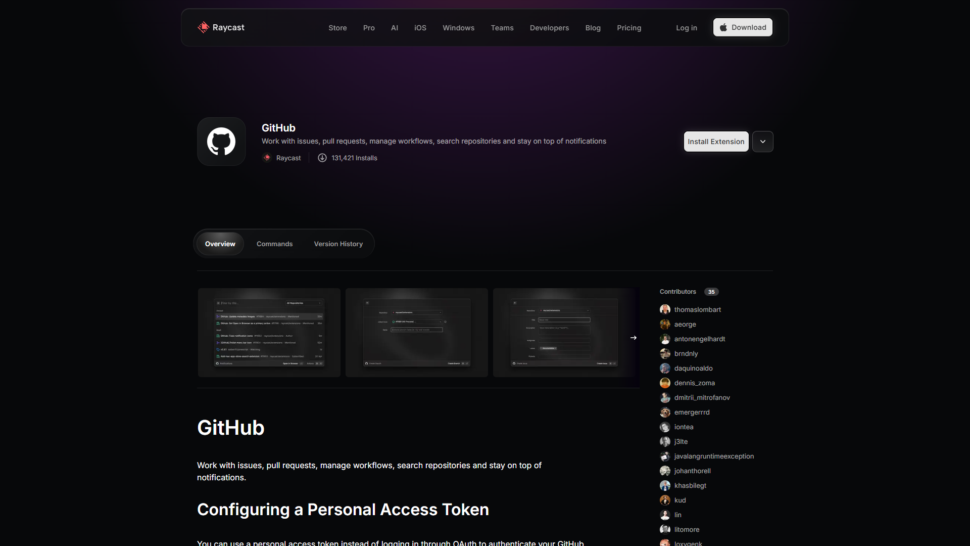 GitHub extension showing pull requests