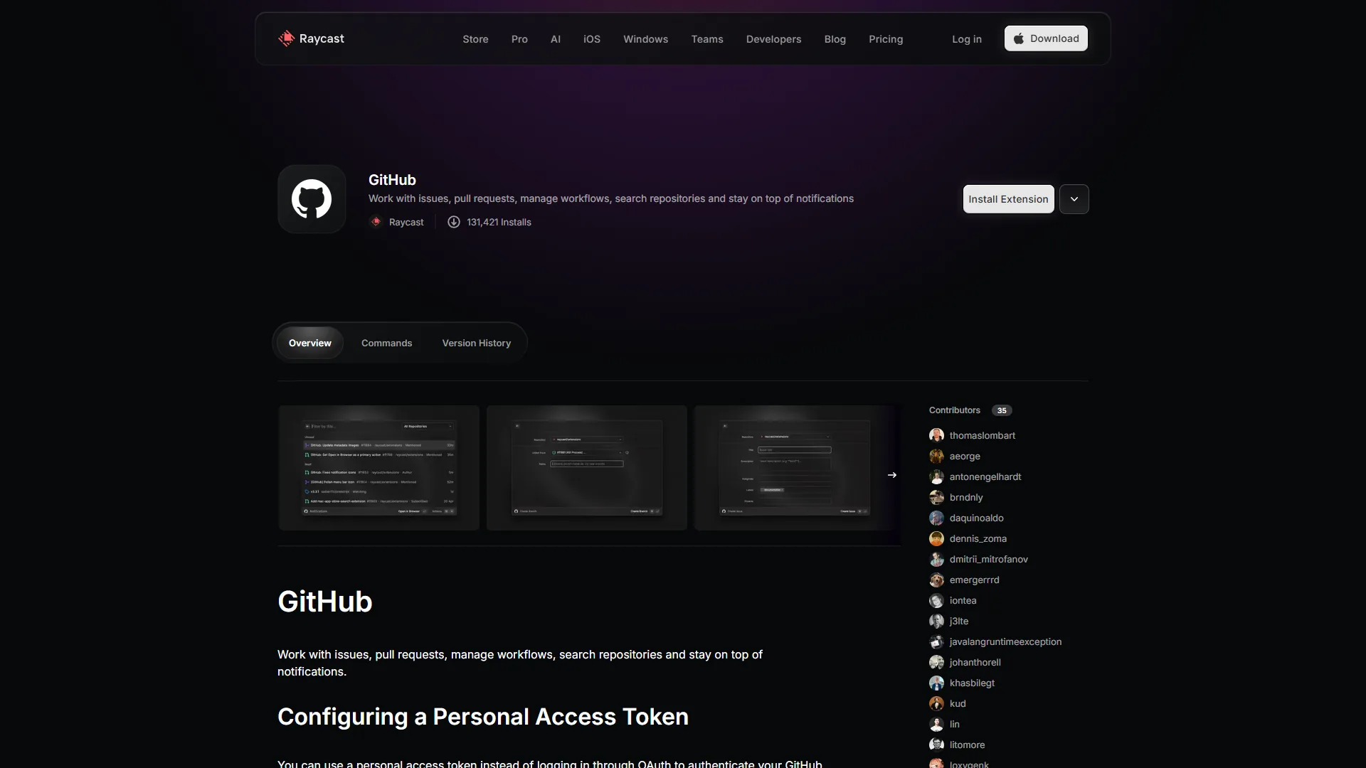 Raycast Store page for the GitHub extension showing 131,421 installs and contributor list