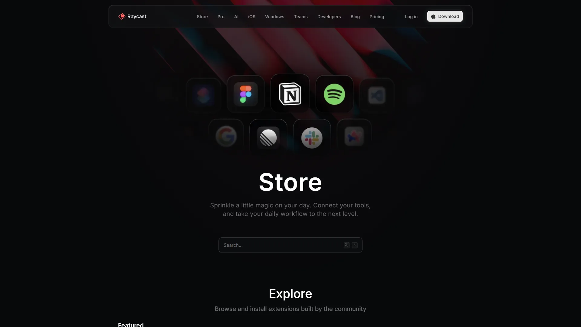 Raycast Store landing page with featured app icons for Figma, Notion, Spotify, and Slack