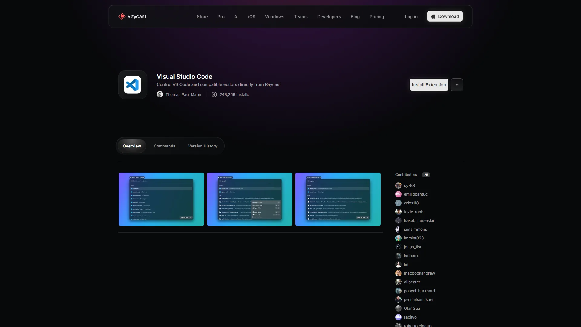 Raycast Store page for the Visual Studio Code extension showing 248,269 installs and screenshots