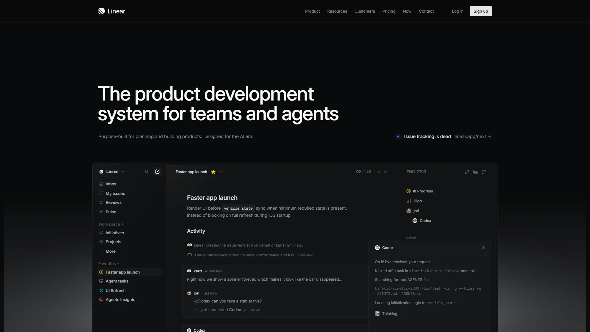 Linear homepage showing product development system headline and issue detail view with Codex AI agent