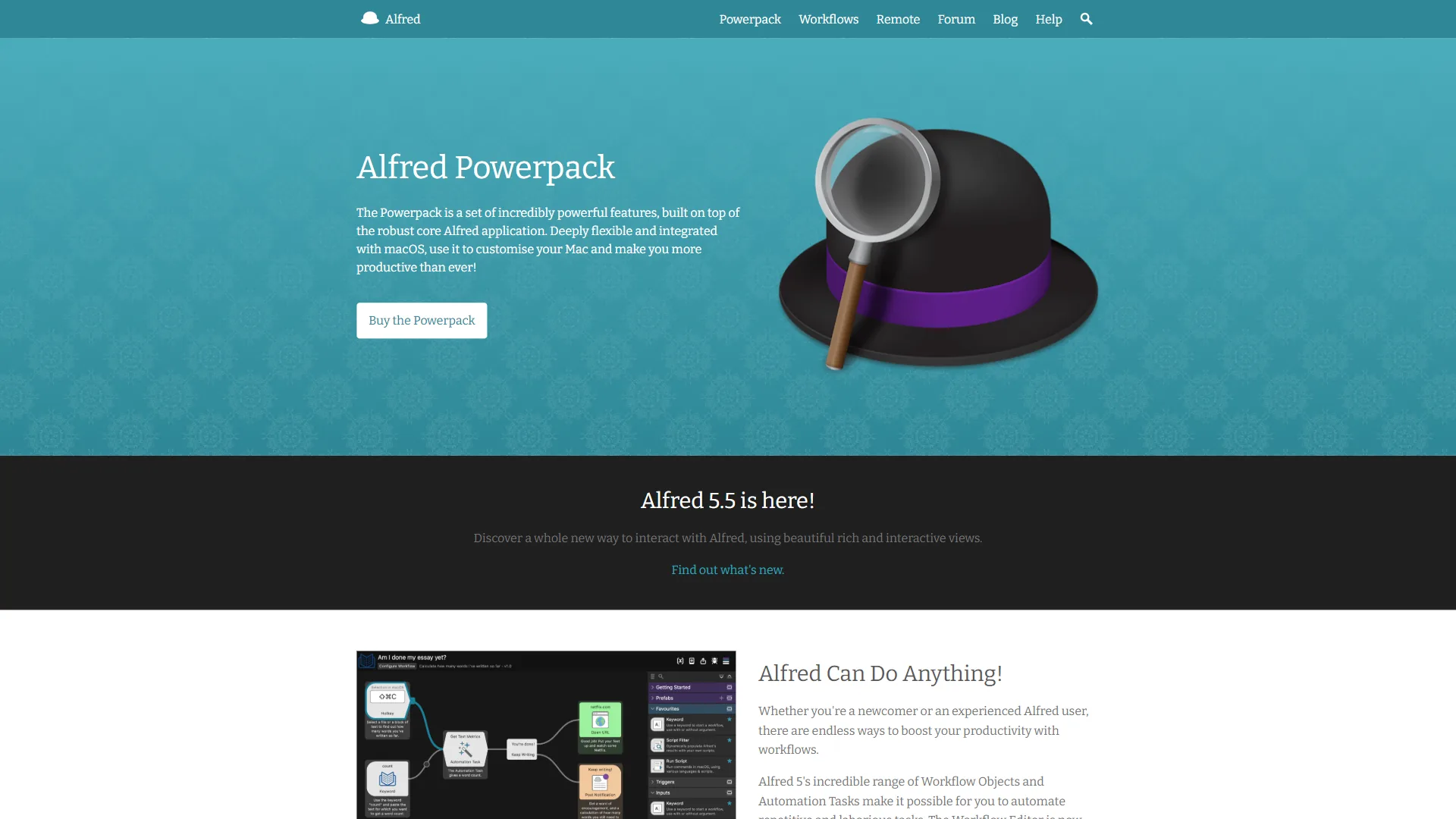 Alfred Powerpack features page showing workflow editor and automation capabilities