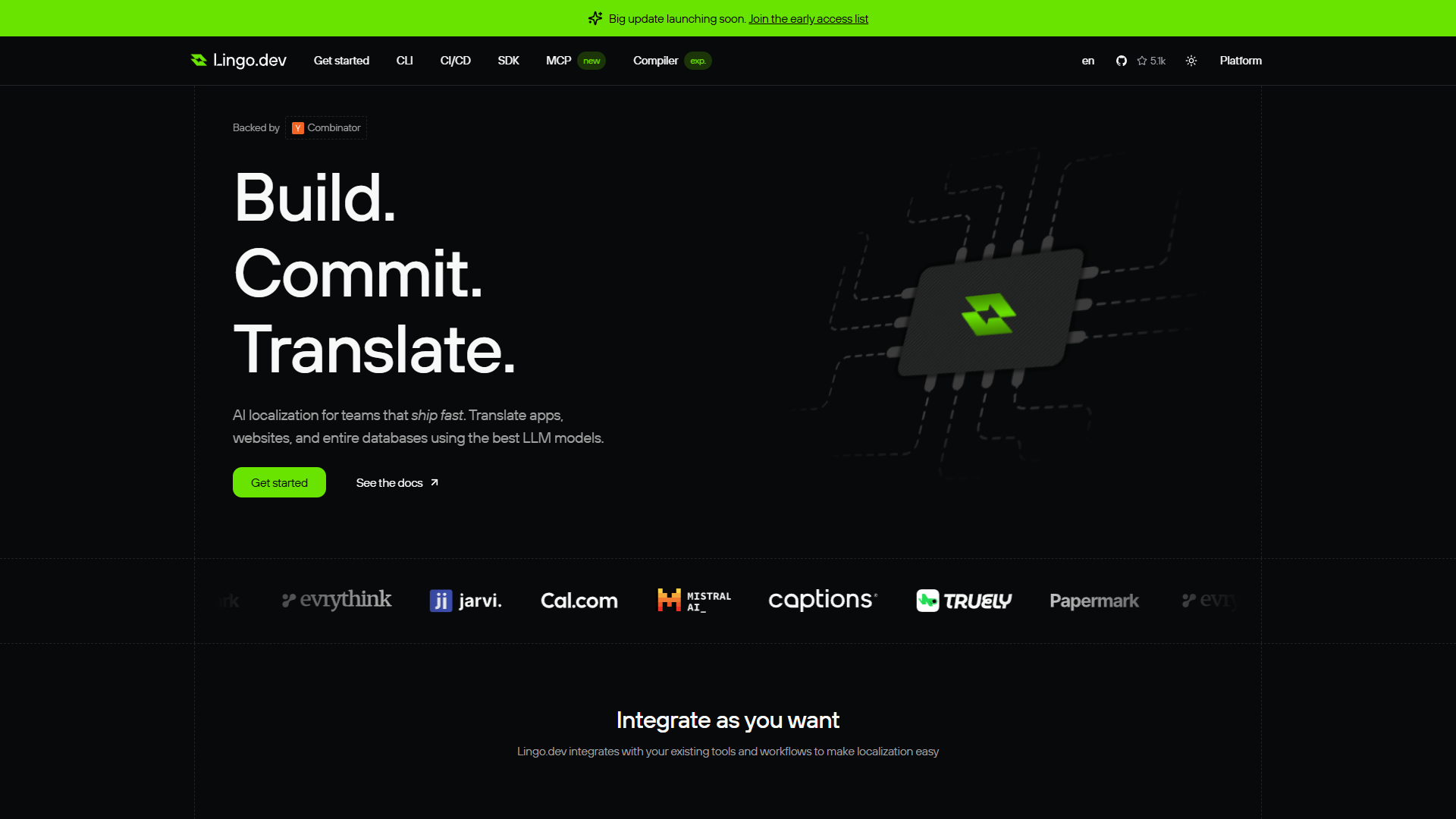 Lingo.dev platform homepage showing AI-powered localization features