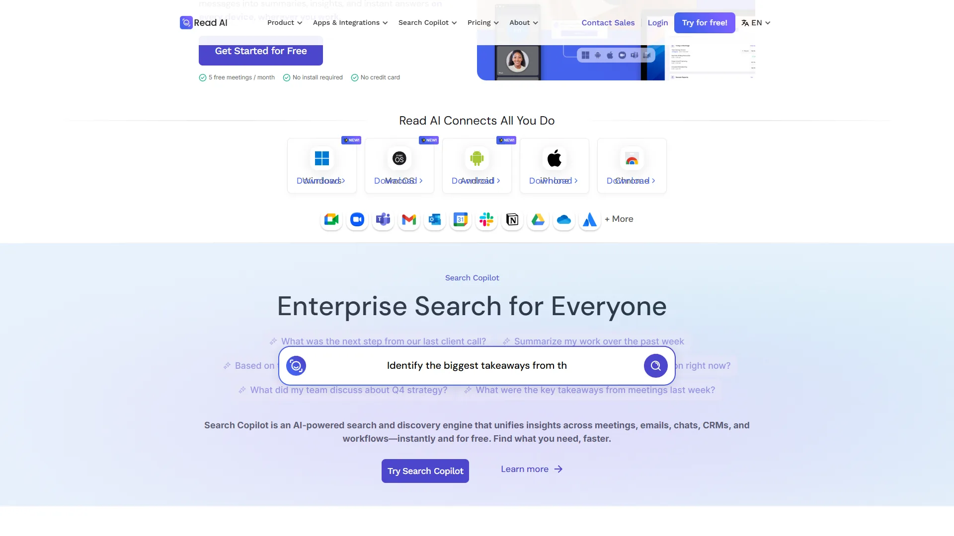 Read.ai homepage showing meeting intelligence dashboard with Search Copilot and cross-platform analytics features