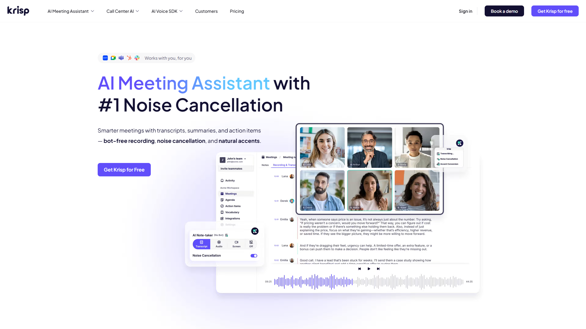 Krisp AI dashboard showing noise cancellation controls