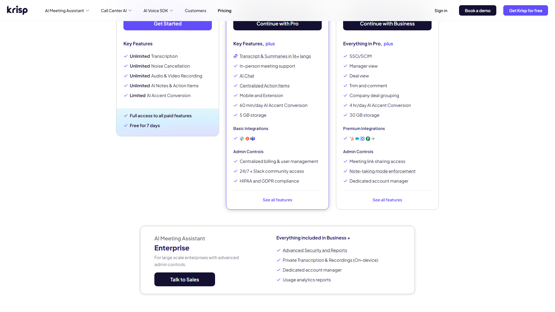 Krisp pricing tiers comparison
