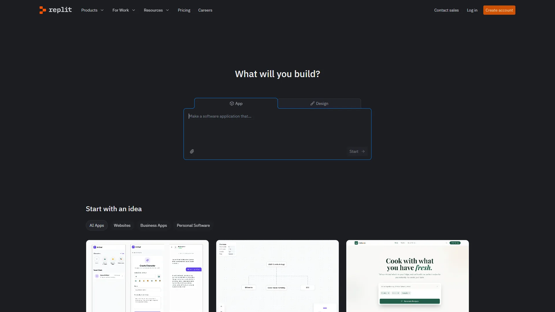 Replit homepage showing Agent and cloud IDE features for browser-based development
