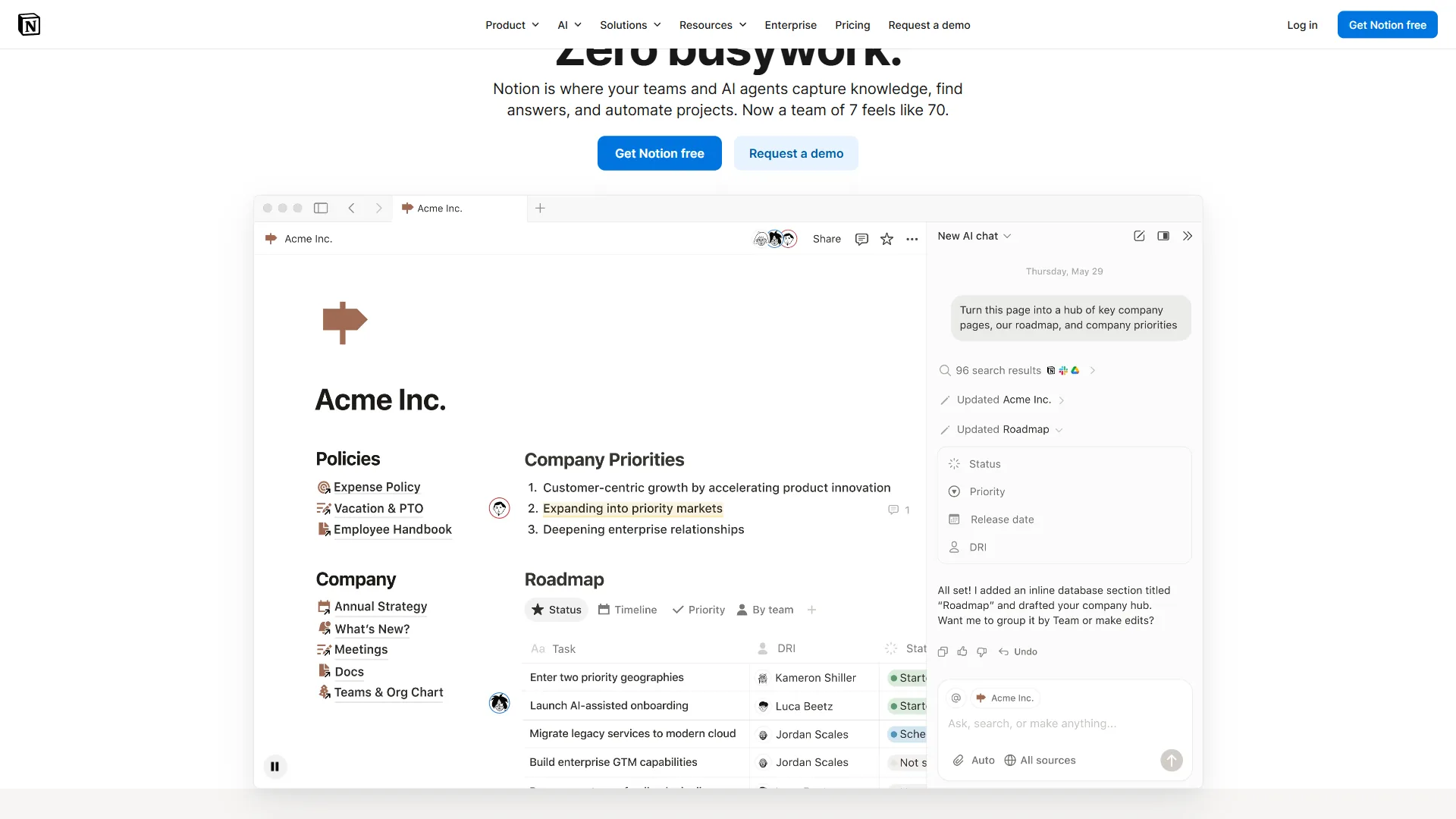 Notion workspace showing a database view with multiple layouts including table, board, and gallery views alongside pages and AI features