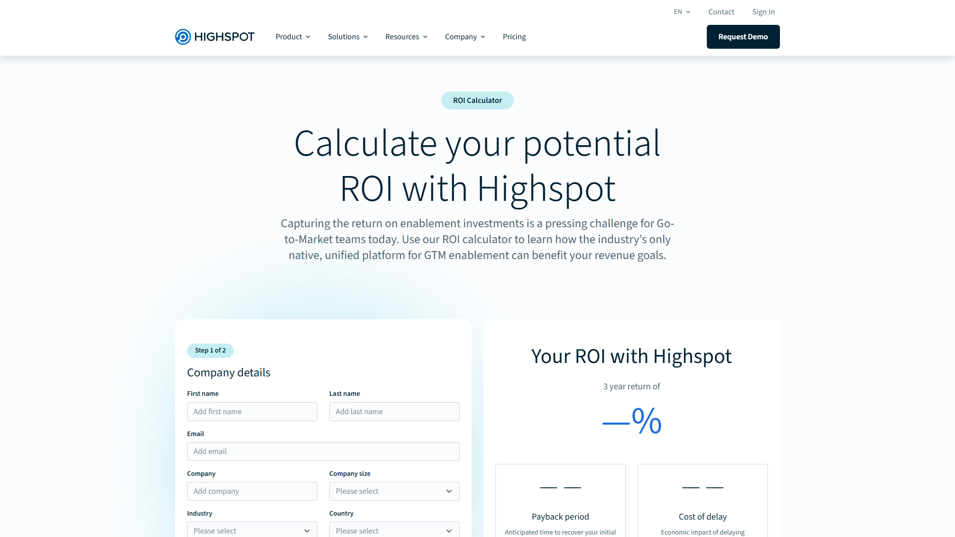 Highspot ROI calculator showing potential time savings and revenue impact