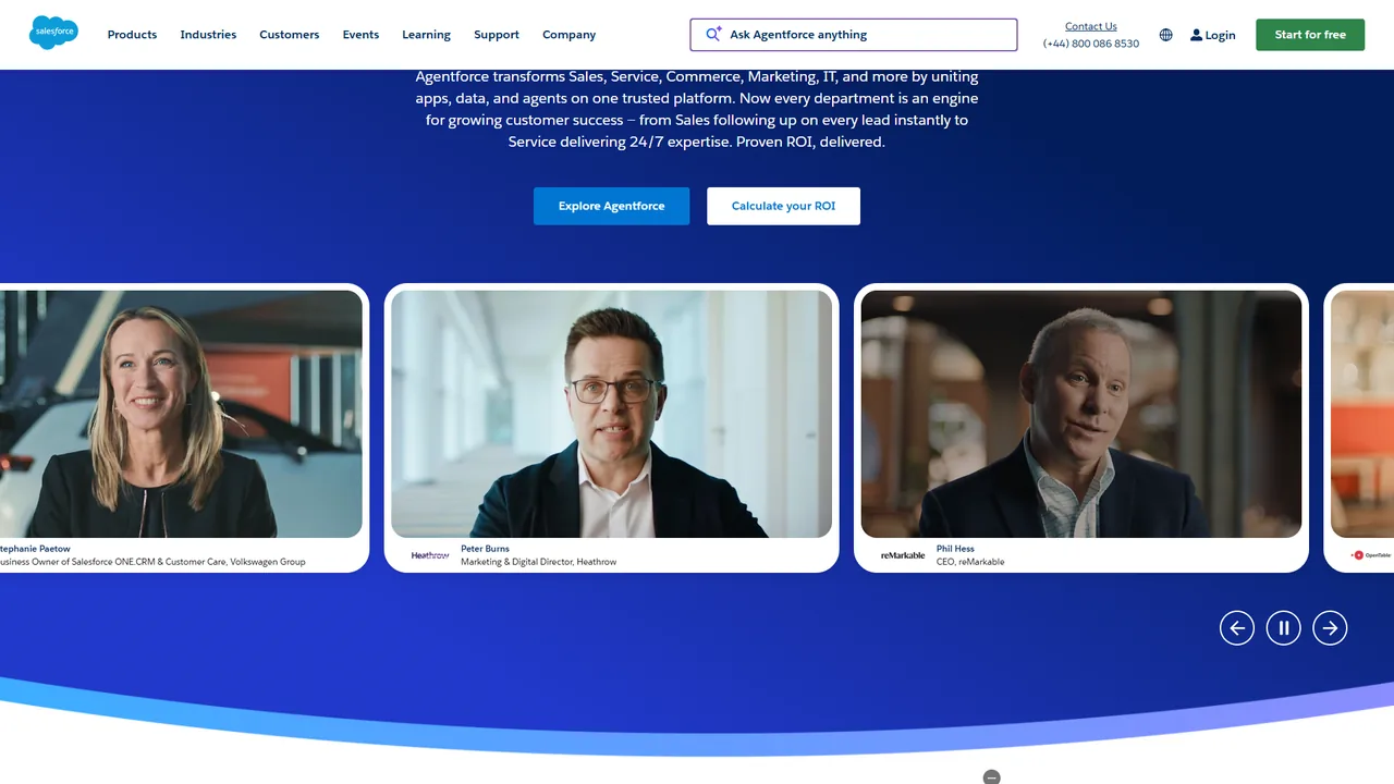 Salesforce homepage promoting Agentforce with customer testimonial carousel and CTA buttons