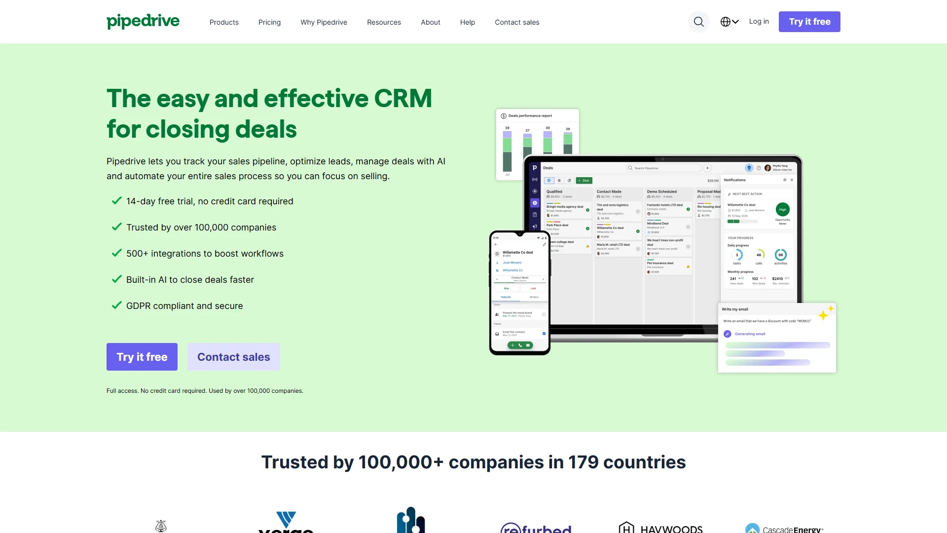 Pipedrive homepage with CRM headline, multi-device product preview, and trust badges