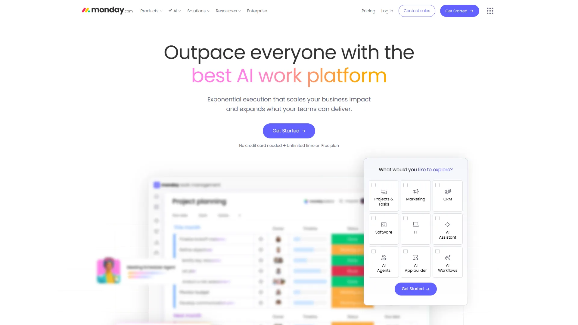 Monday.com homepage with Outpace everyone heading, project planning board, and category selector panel