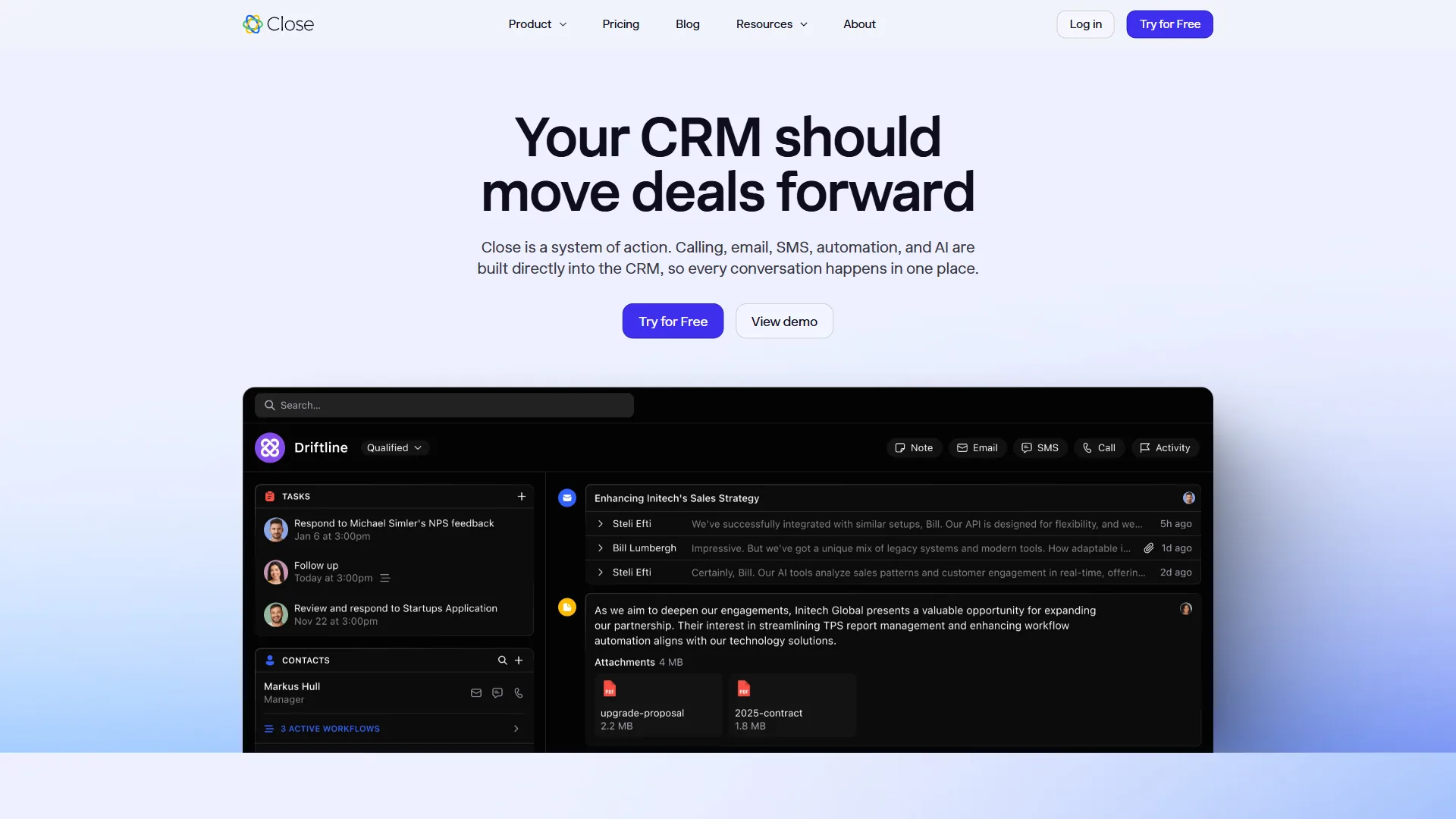 Close CRM platform showing built-in calling and sales pipeline management