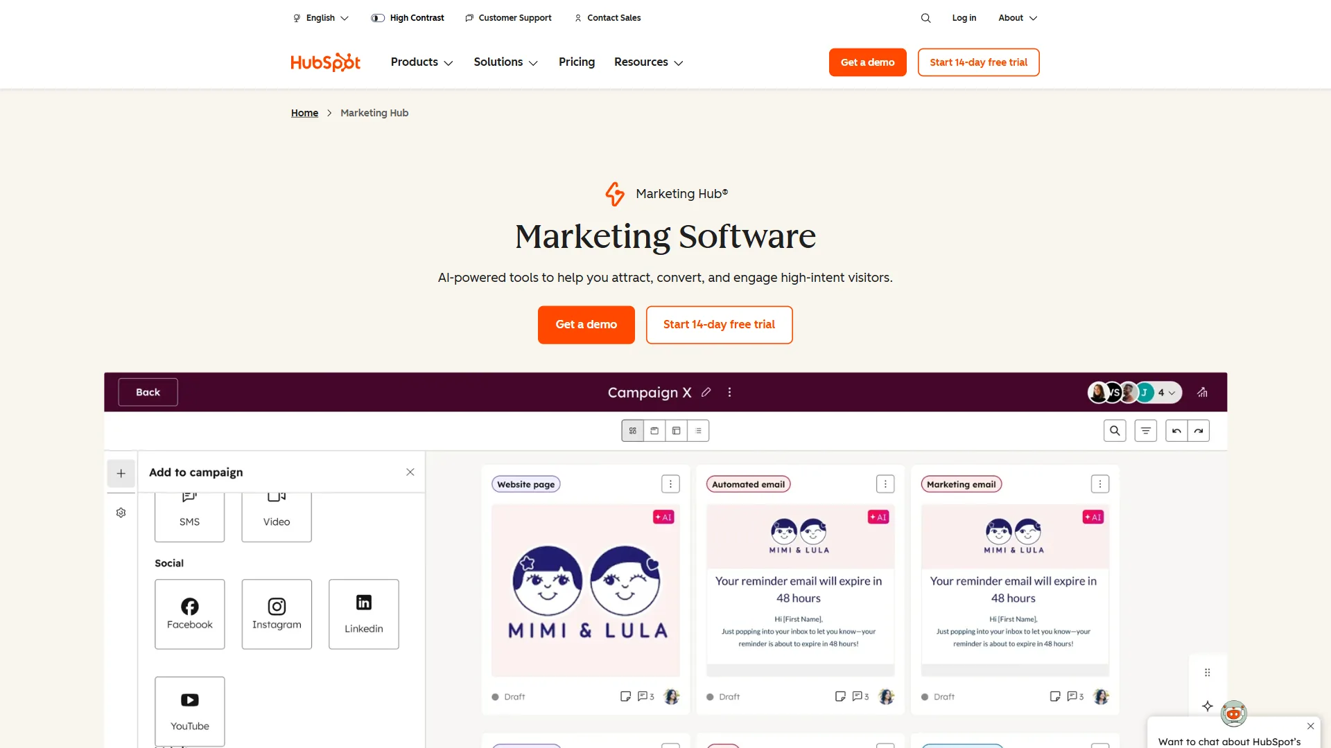 HubSpot CRM platform homepage showing the Breeze AI suite and unified sales, marketing, and service tools