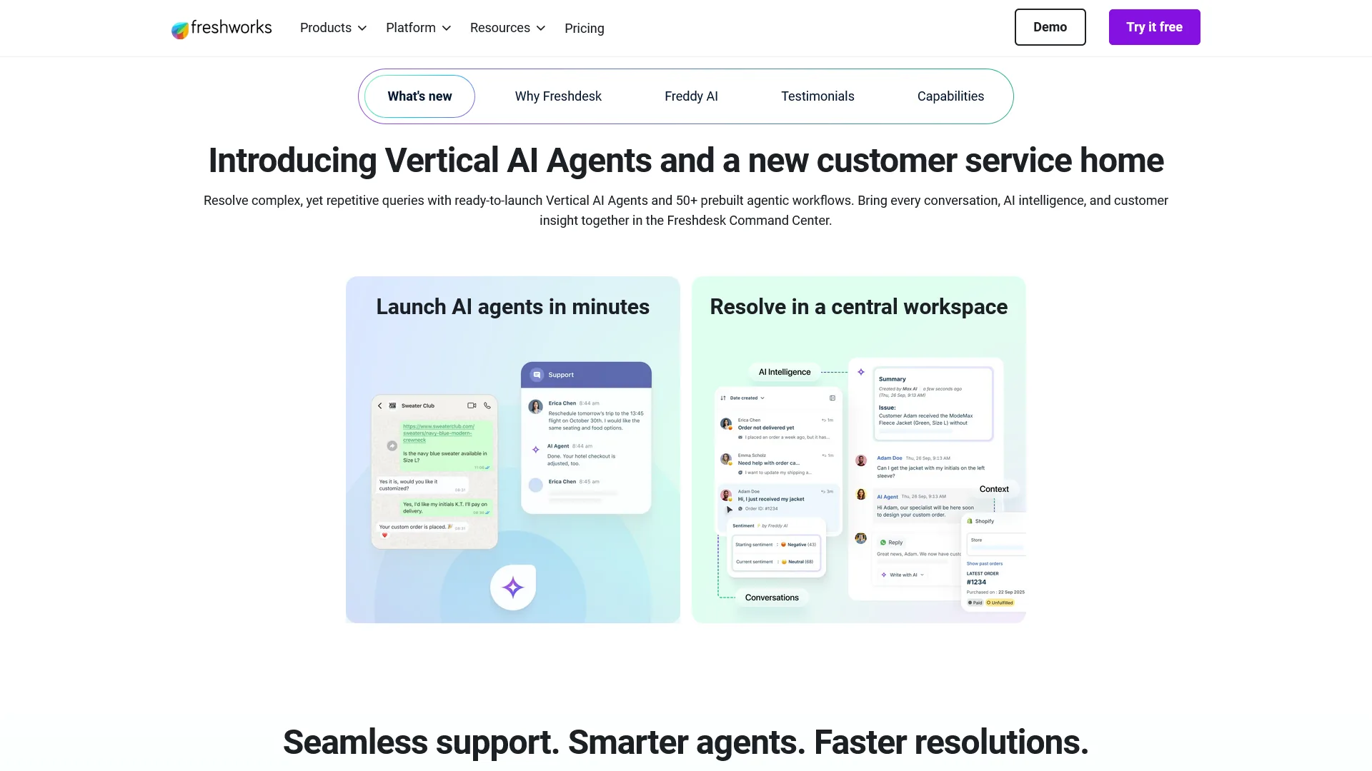 Freshdesk customer support platform showing Freddy AI automation and unified inbox