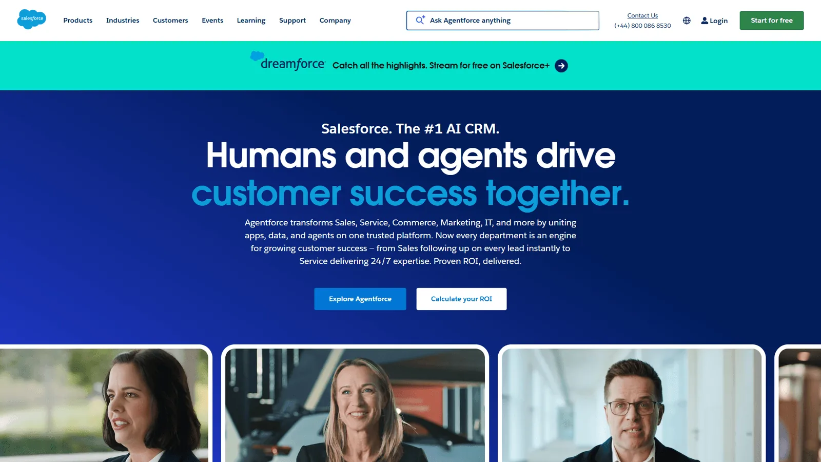 Salesforce homepage featuring Agentforce branding with AI CRM tagline and customer photos