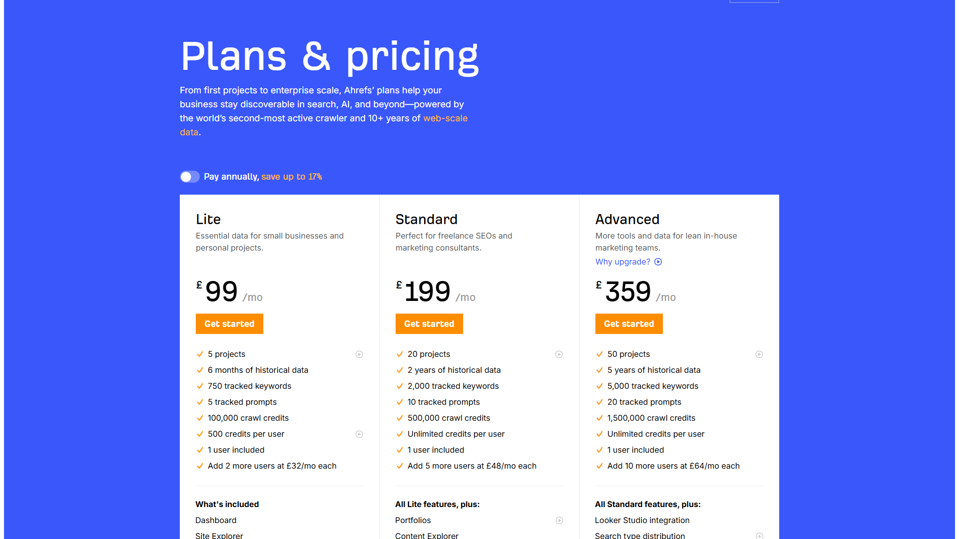 Ahrefs pricing page showing Lite, Standard, and Advanced plans with monthly costs