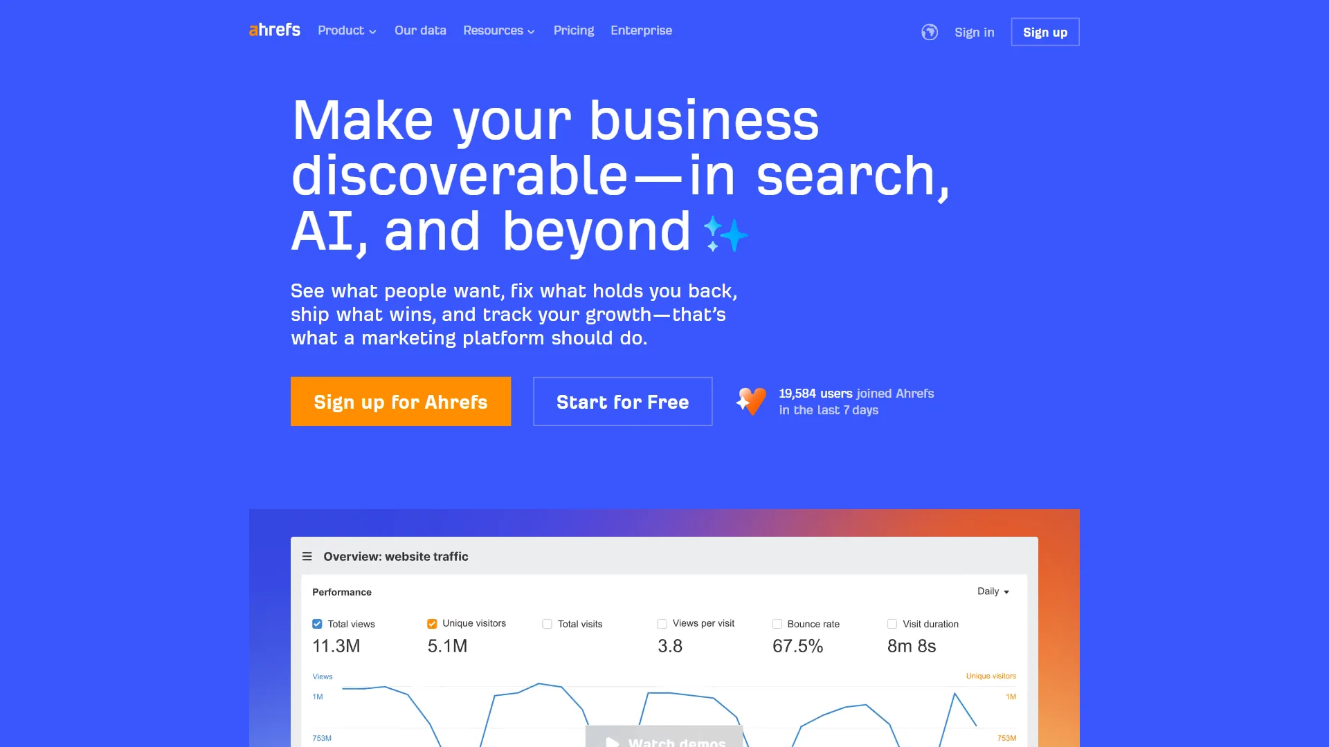 Ahrefs homepage showing backlink analysis and SEO research tools