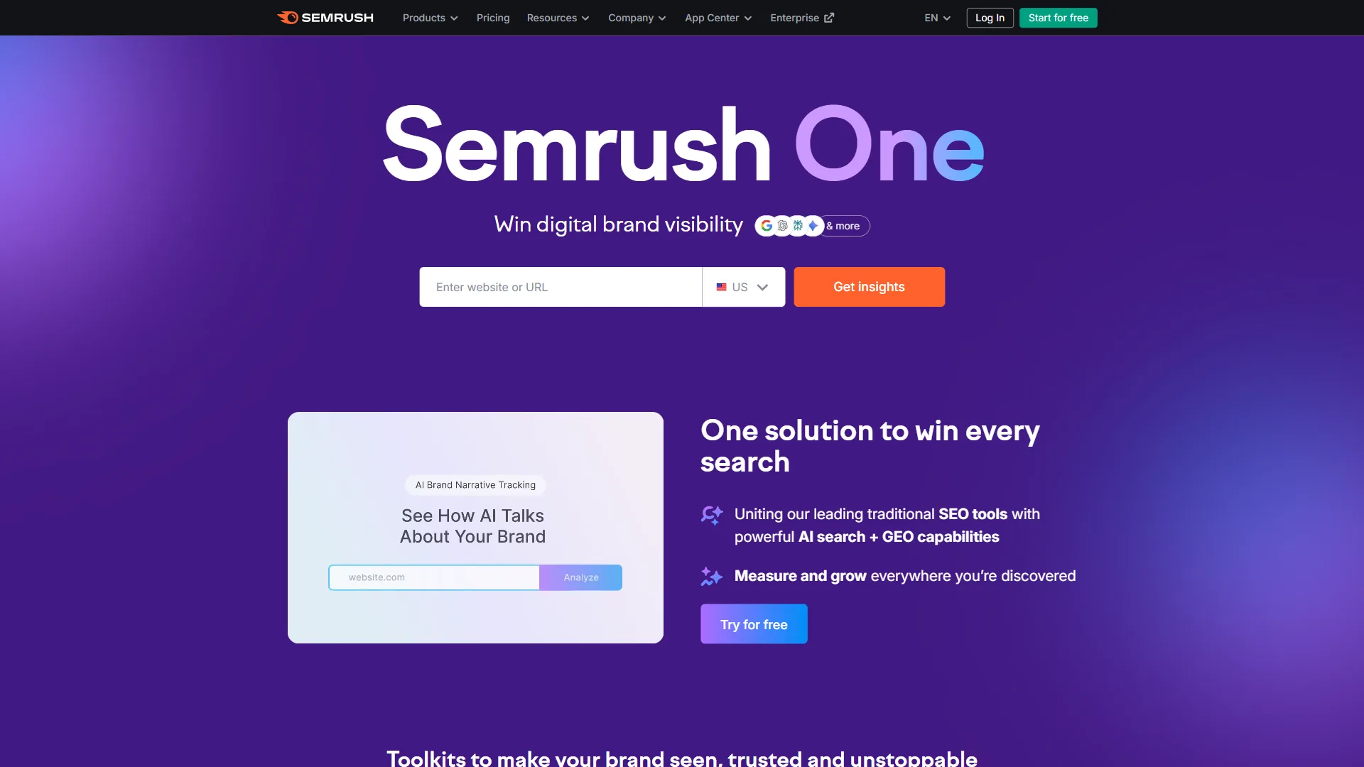 Semrush One homepage with search bar, AI Brand Narrative Tracking preview, and SEO plus GEO pitch