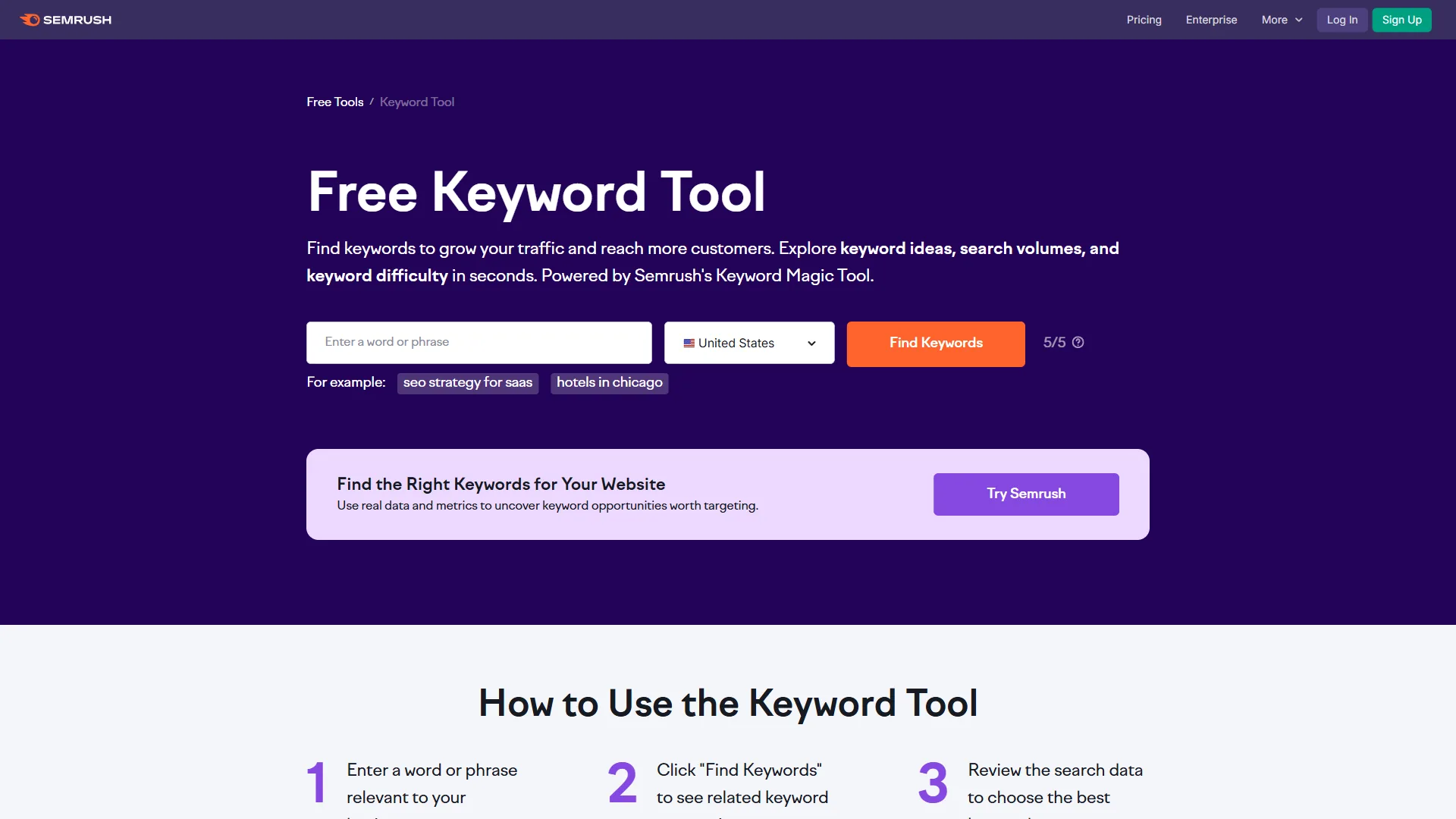 Semrush free Keyword Tool landing page with search bar, example queries, and how-to steps