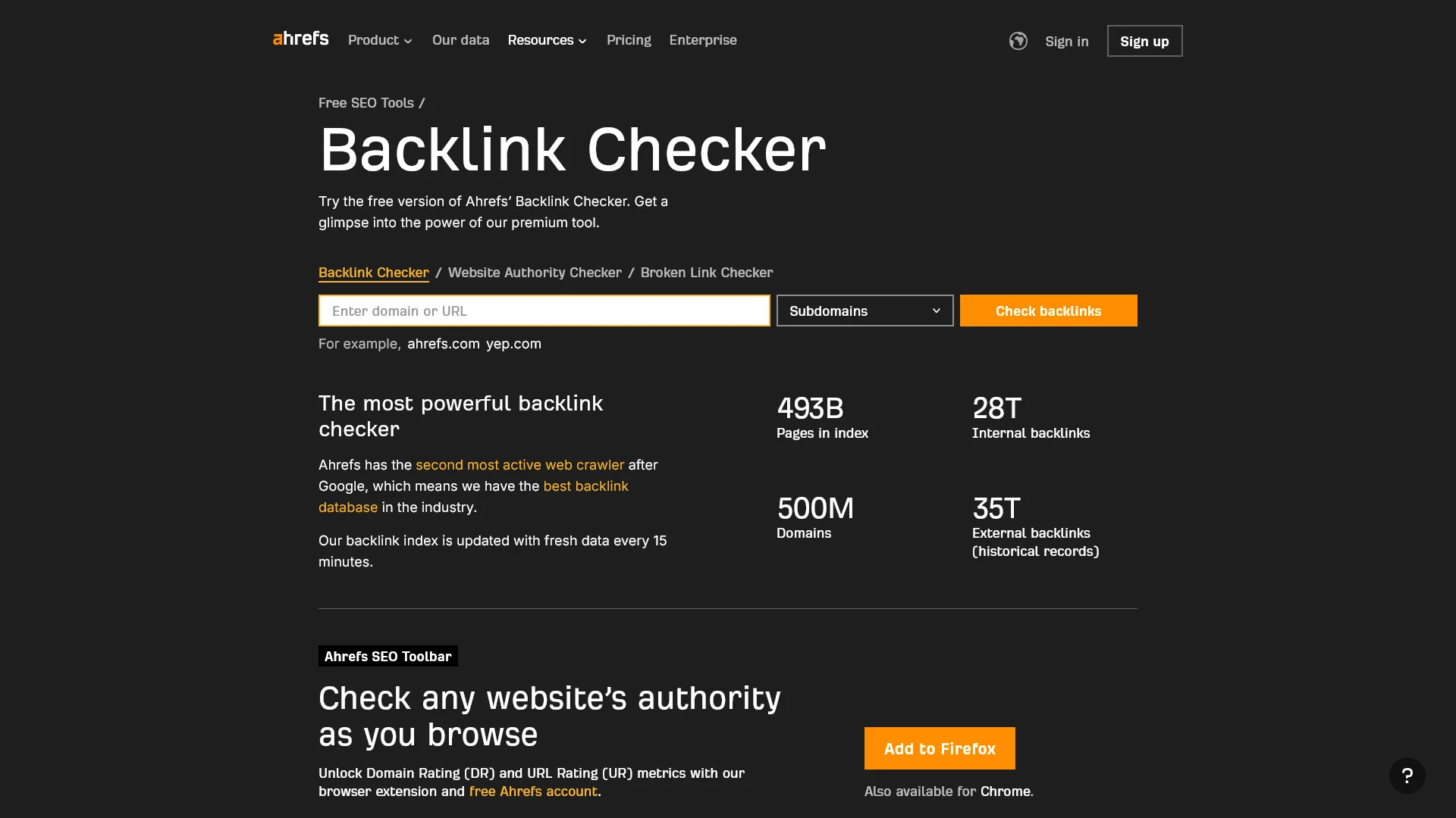 Ahrefs free Backlink Checker landing page showing 493 billion pages, 28 trillion links, and 500 million domains
