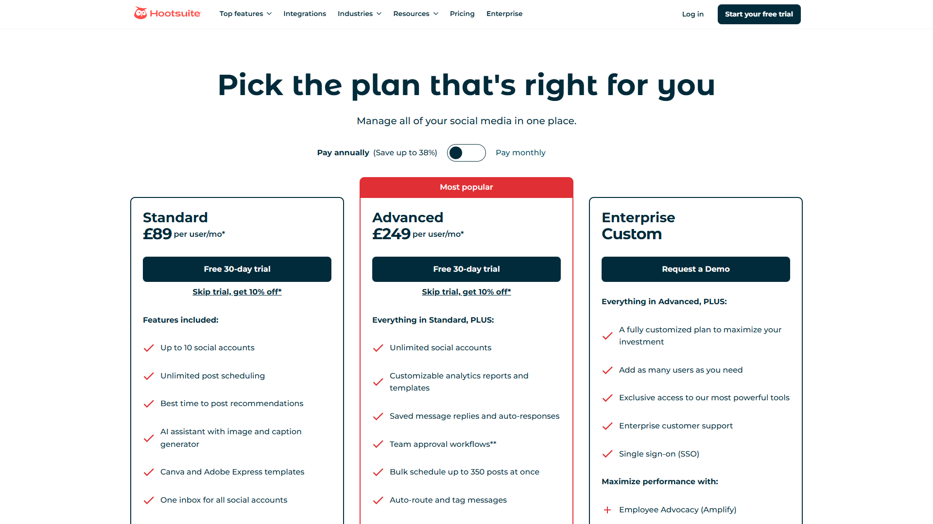Hootsuite pricing page showing Professional, Team, and Enterprise tiers