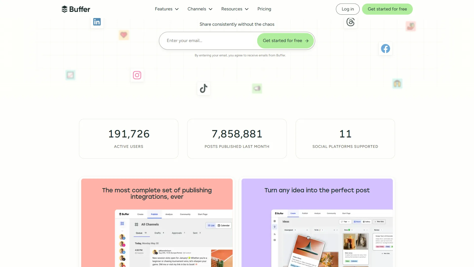 Buffer homepage with email signup, platform stats, social media icons, and feature preview cards
