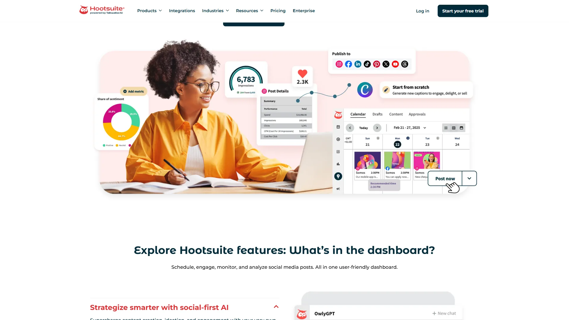Hootsuite dashboard showing multi-network streams, scheduled posts, and analytics overview