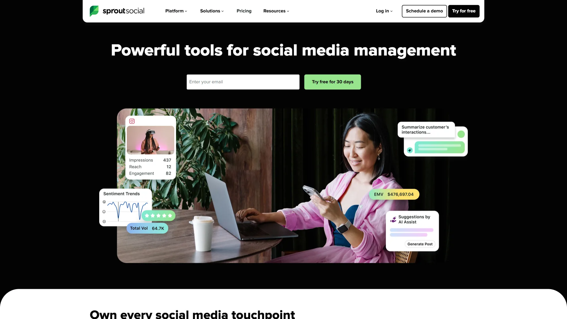 Sprout Social platform showing social media management dashboard with publishing and analytics