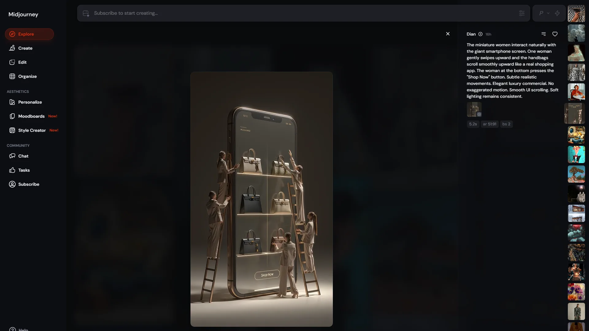 Midjourney web interface showing high-quality AI-generated images with the V7 model