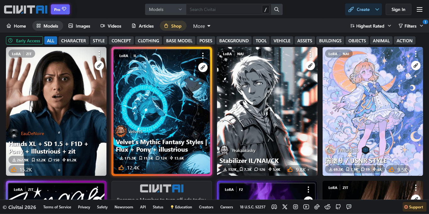 Civitai model library showing popular checkpoints