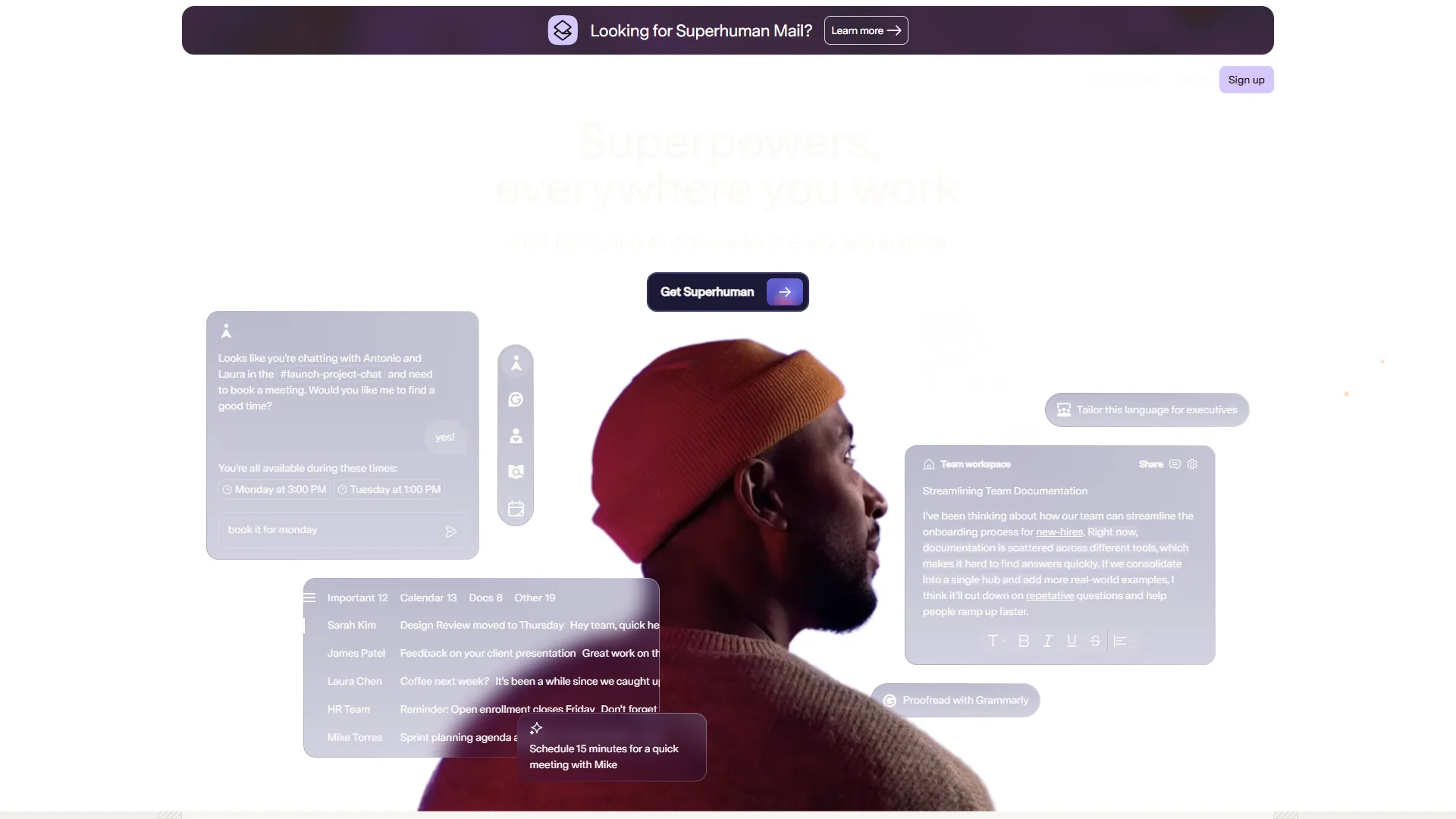 Superhuman homepage with Superpowers everywhere tagline, AI chat assistant, and inbox preview