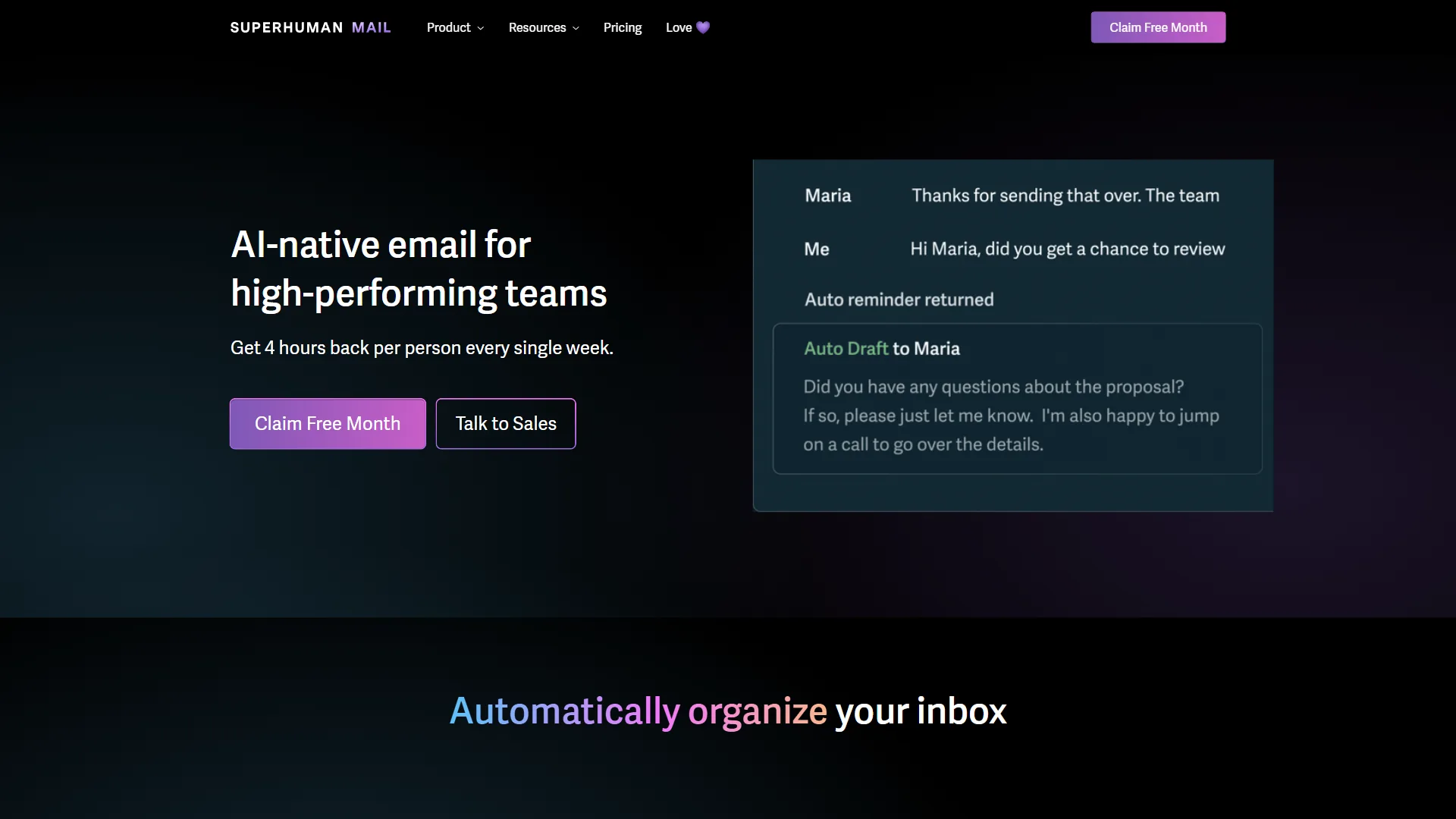 Superhuman Mail homepage with AI-native email tagline, Auto Draft preview, and call-to-action buttons