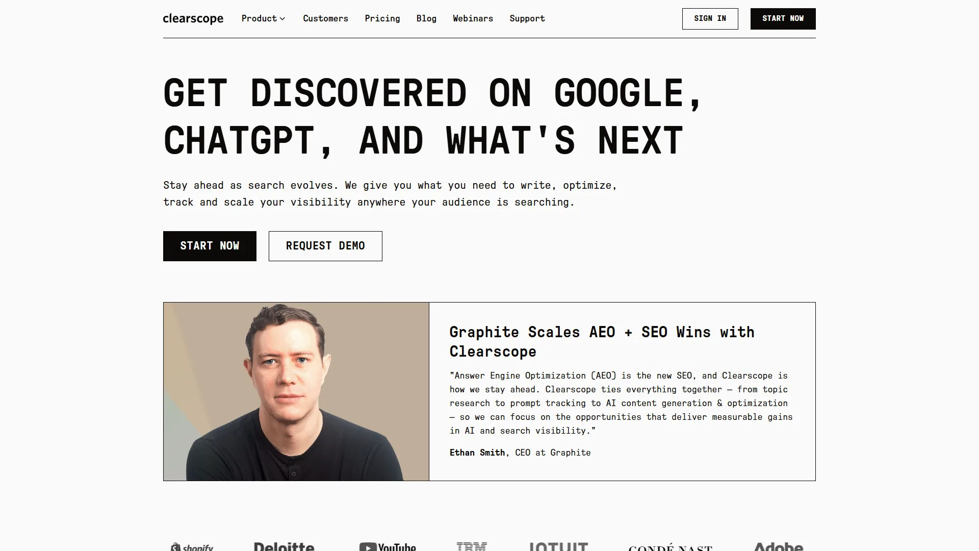Clearscope homepage featuring Get Discovered on Google, ChatGPT, and What's Next headline with client quote