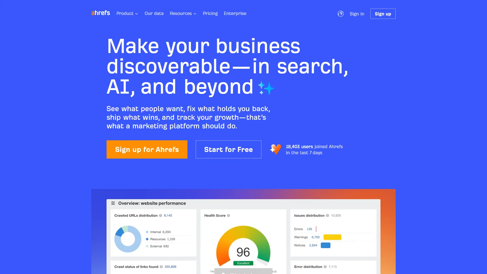 Ahrefs homepage featuring Make your business discoverable in search, AI, and beyond with site audit preview