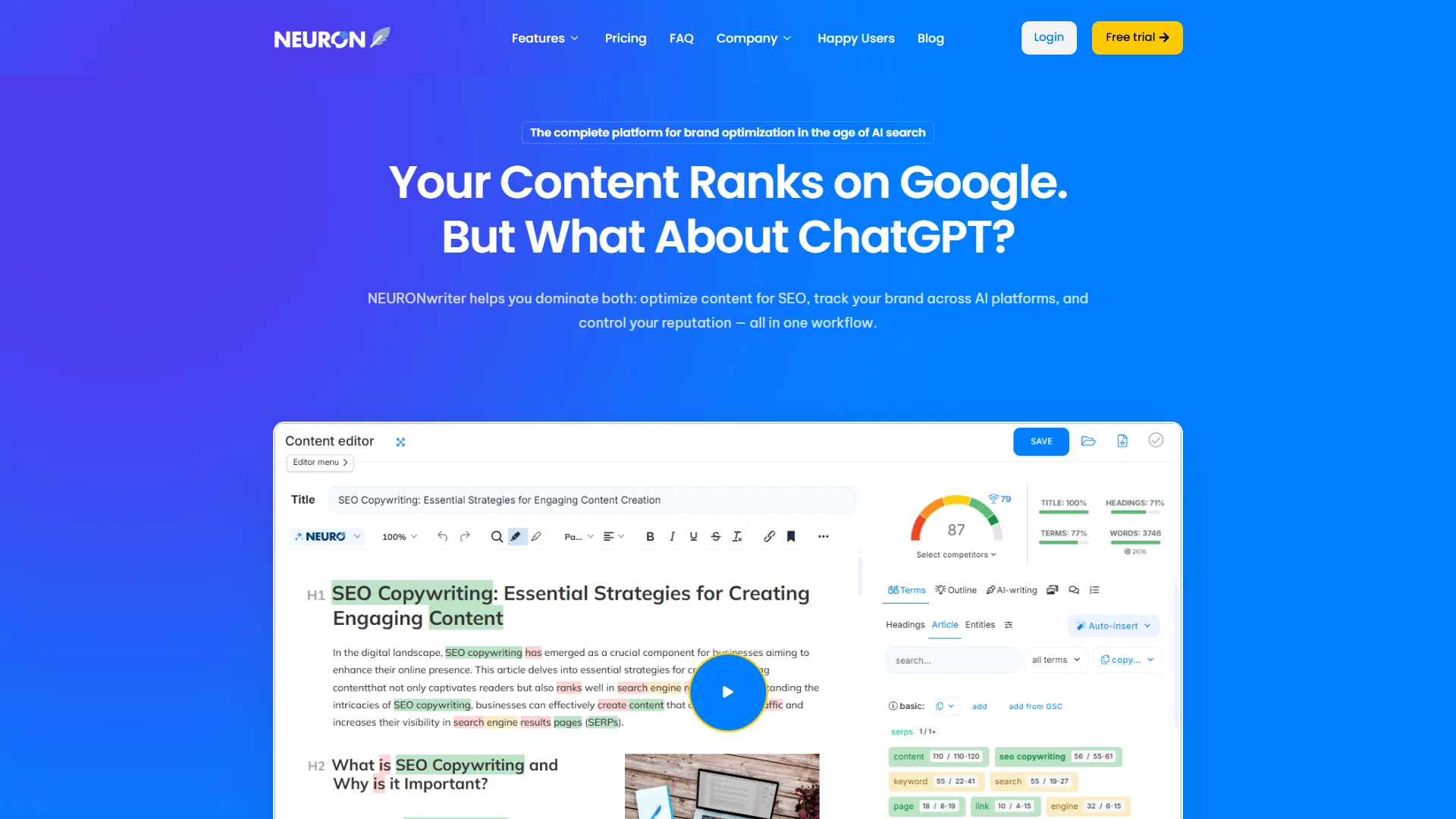 NeuronWriter homepage featuring content editor preview with SEO Copywriting article and optimization score