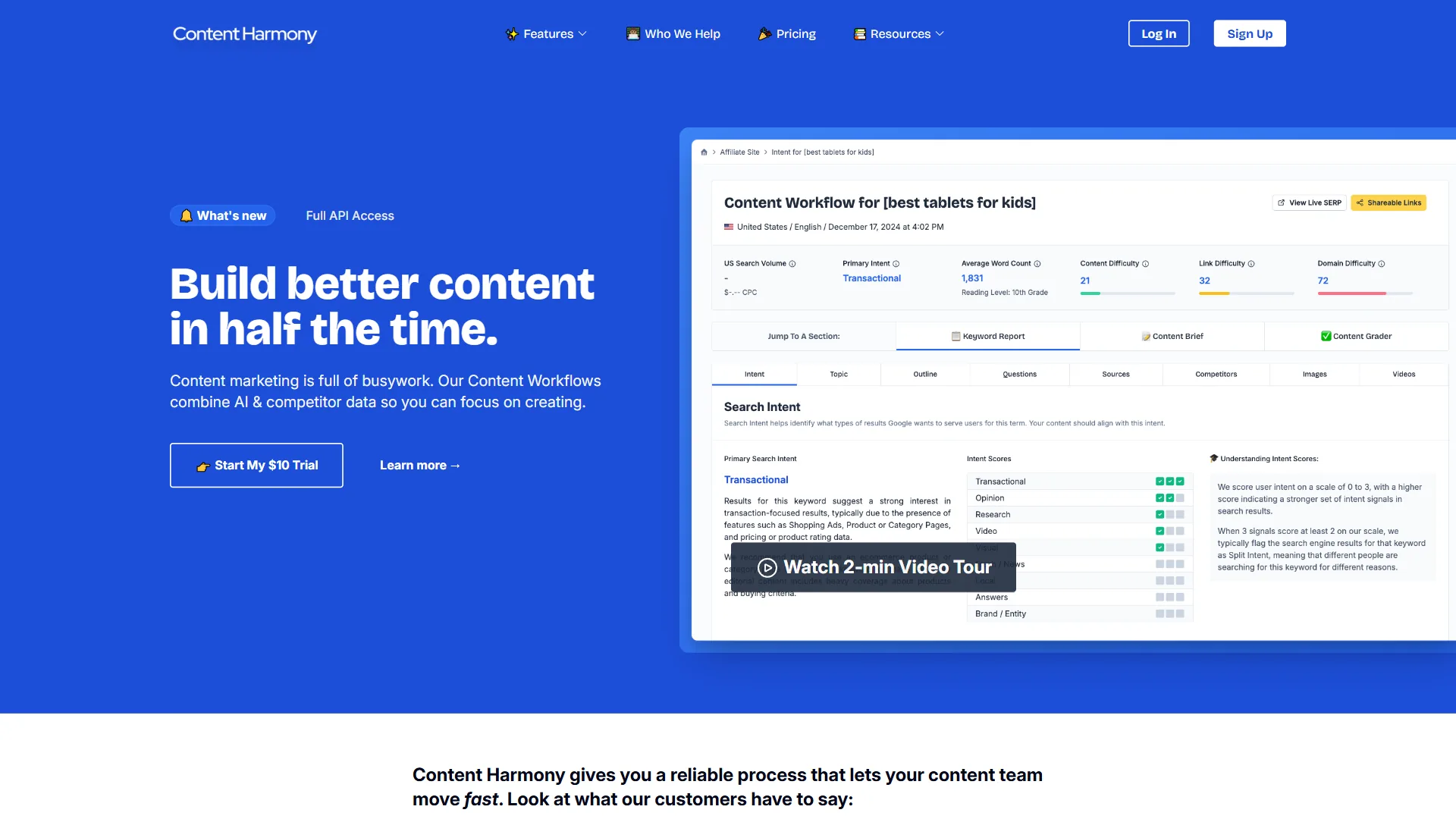 Content Harmony homepage featuring Build better content in half the time headline with content workflow preview