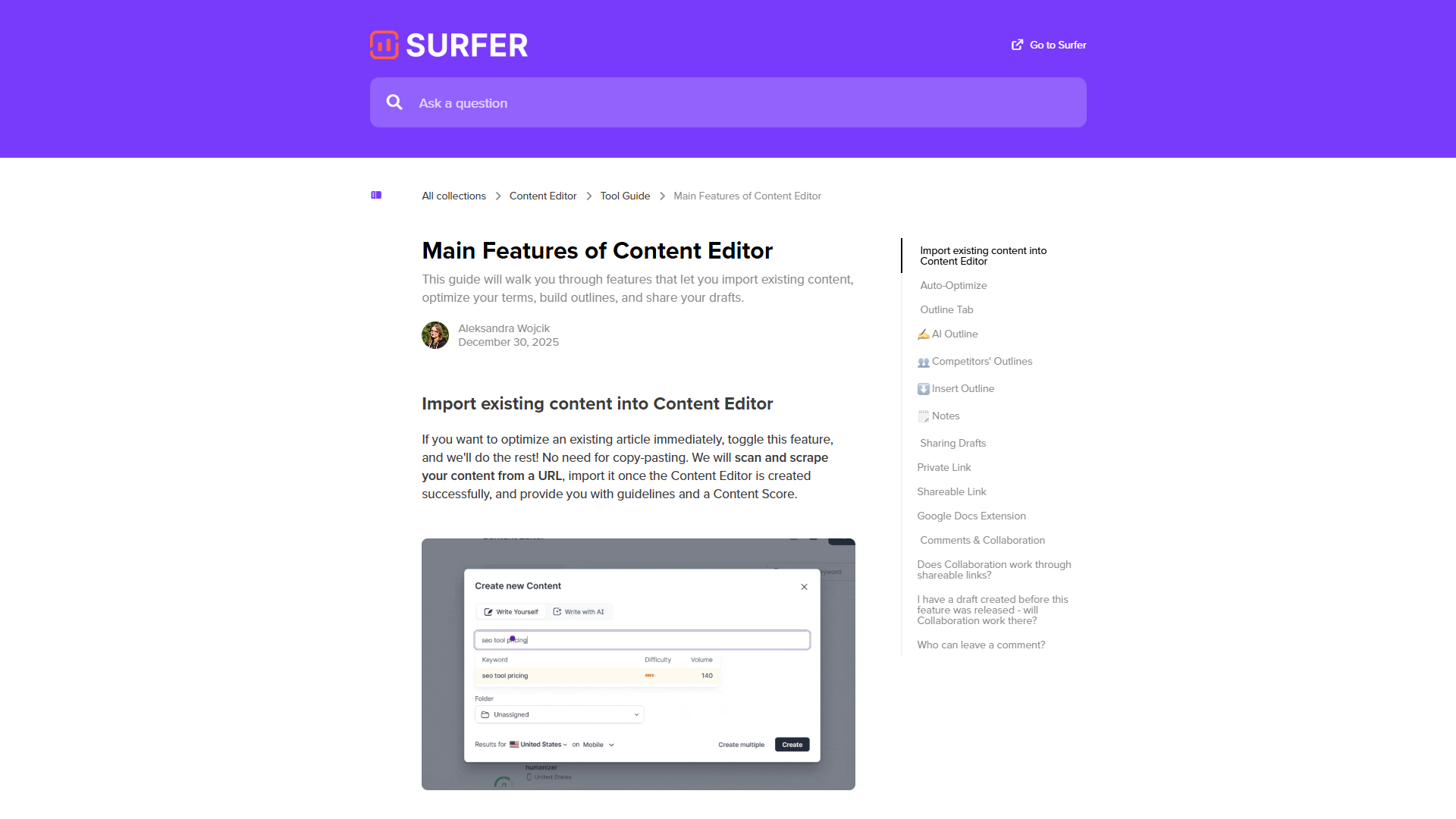 Surfer SEO AI features including Surfer AI and Auto-Optimize