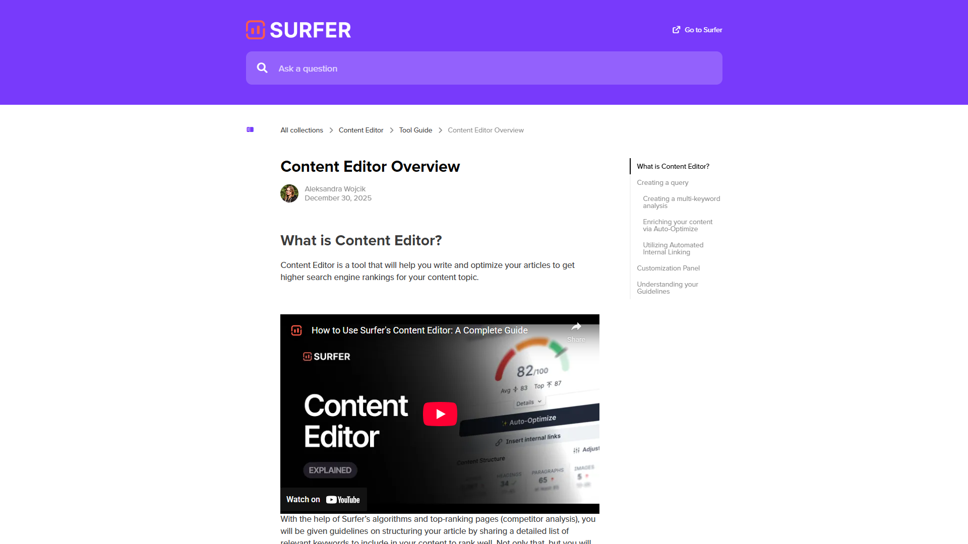 Surfer SEO Content Editor interface showing keyword list and content score