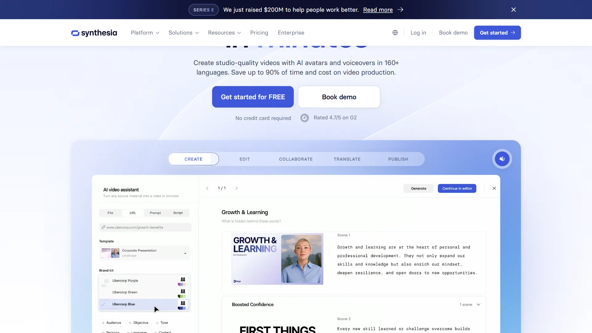 Synthesia video creation interface showing the script editor, avatar selection panel, and Express-2 full-body avatar preview for corporate training content