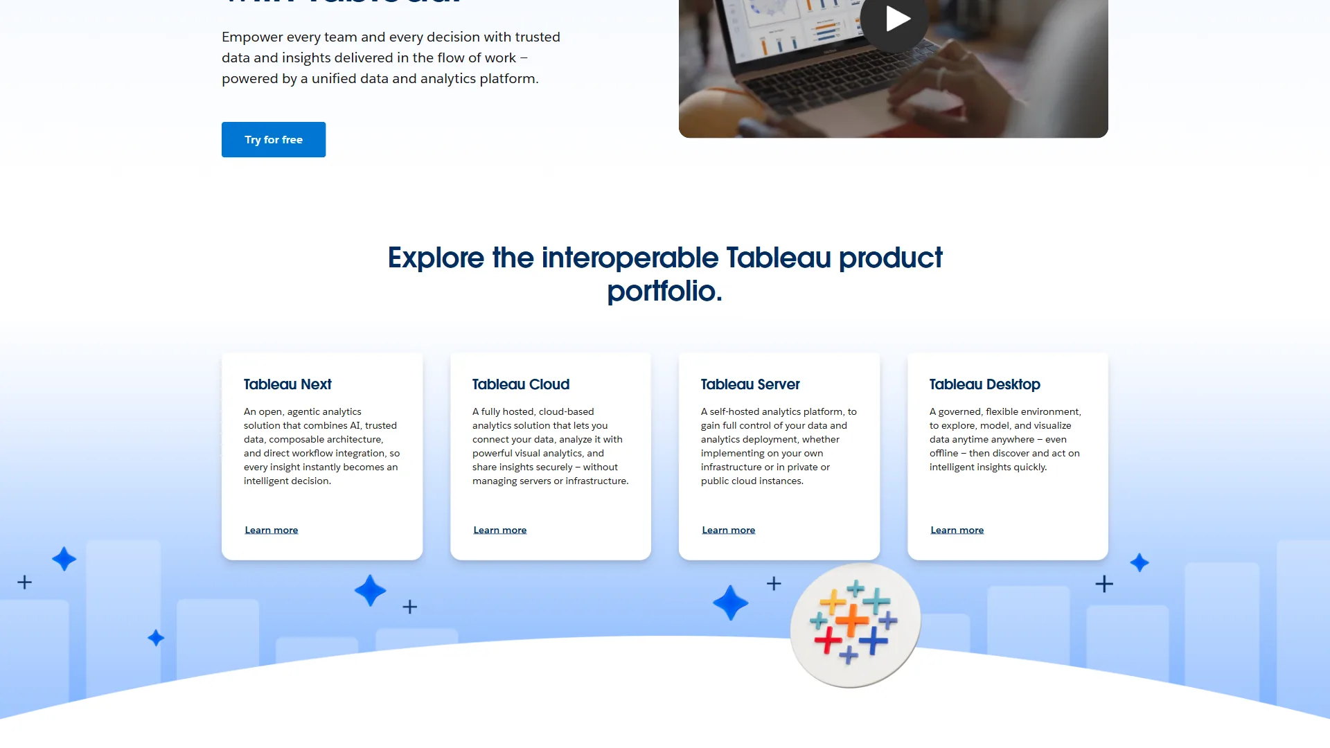 Tableau product portfolio page showing Tableau Next, Cloud, Server, and Desktop editions