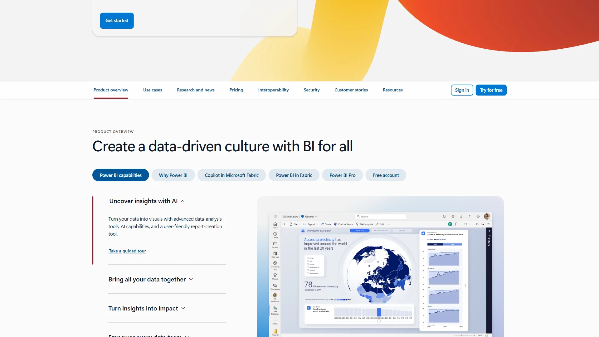 Power BI product overview page with AI insights, data connectors, and a globe dashboard preview