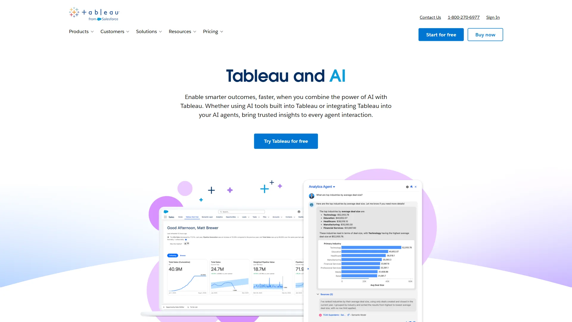 Tableau and AI landing page with dashboard previews and a Try Tableau for free call-to-action