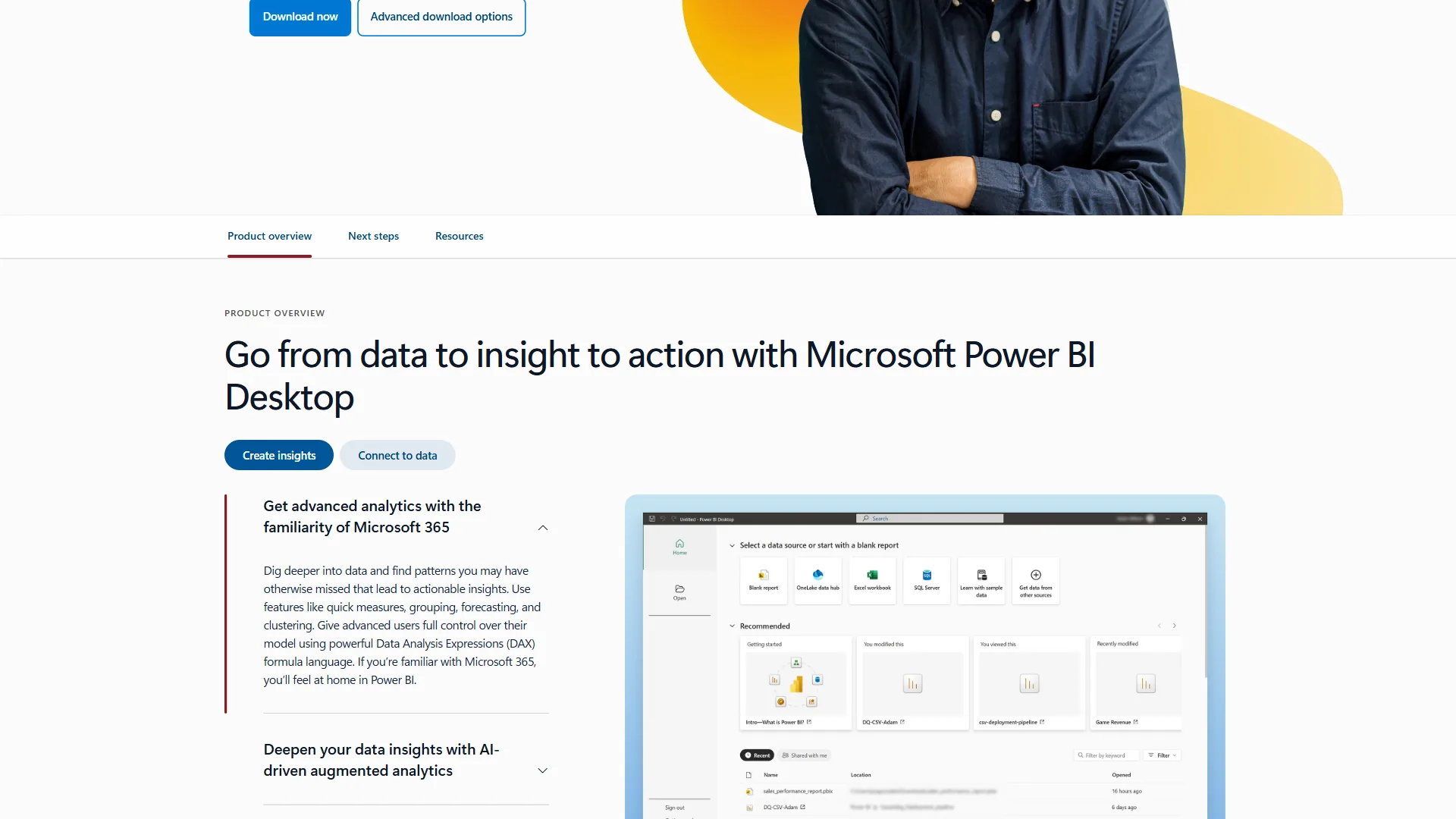 Power BI Desktop download page with product overview, DAX description, and dashboard screenshot