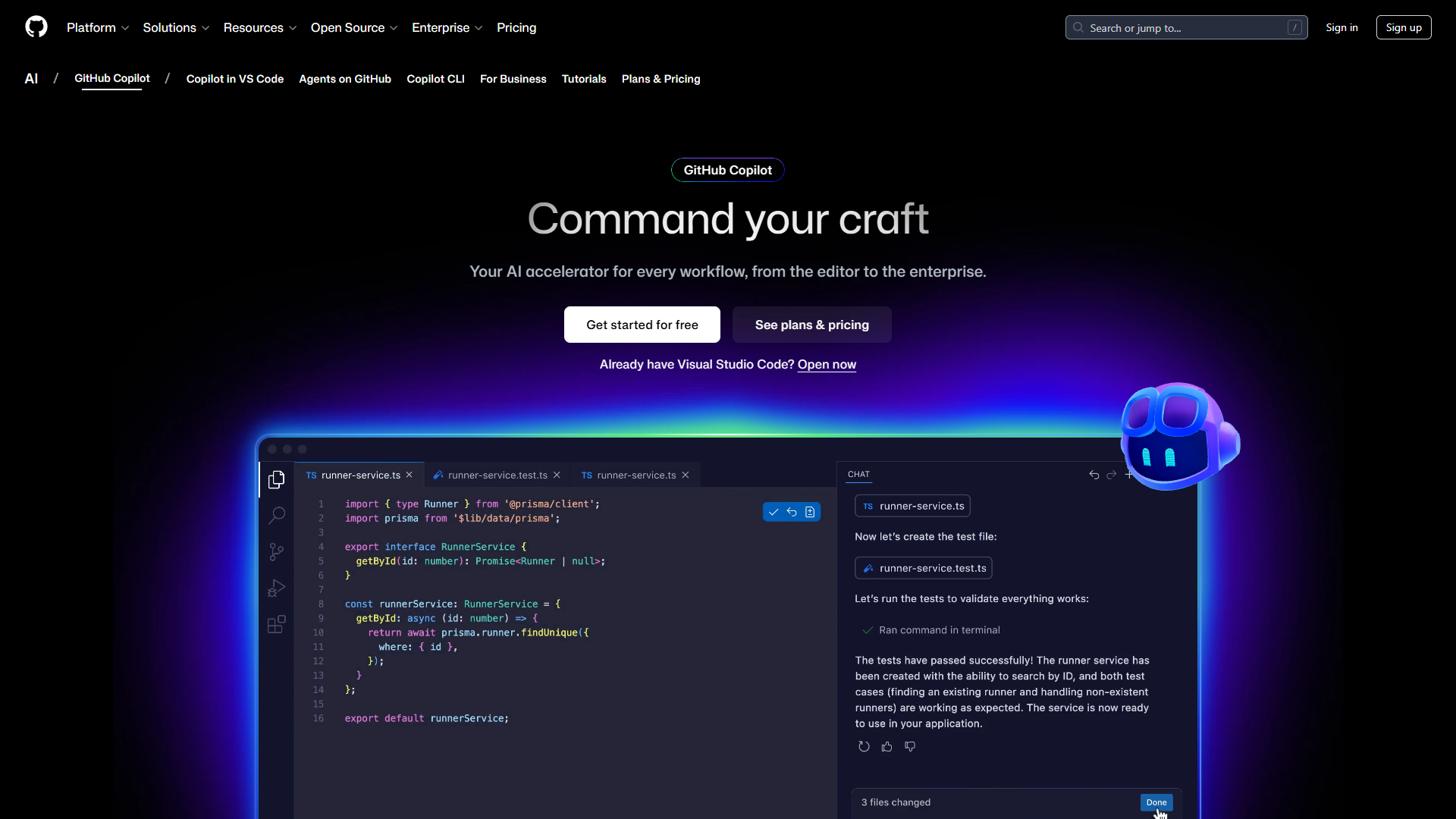 GitHub Copilot homepage showing AI pair programmer with multi-IDE support