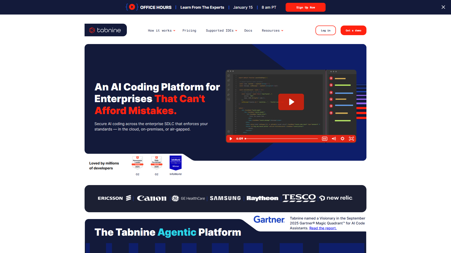 Tabnine homepage showing enterprise-focused AI code assistant with privacy features