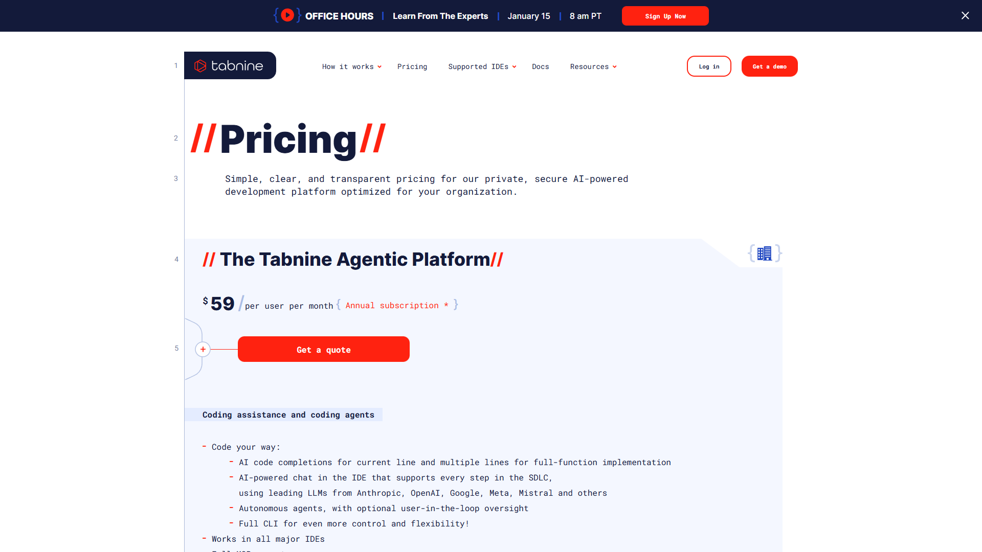 Tabnine pricing page showing enterprise platform at $59 per user per month