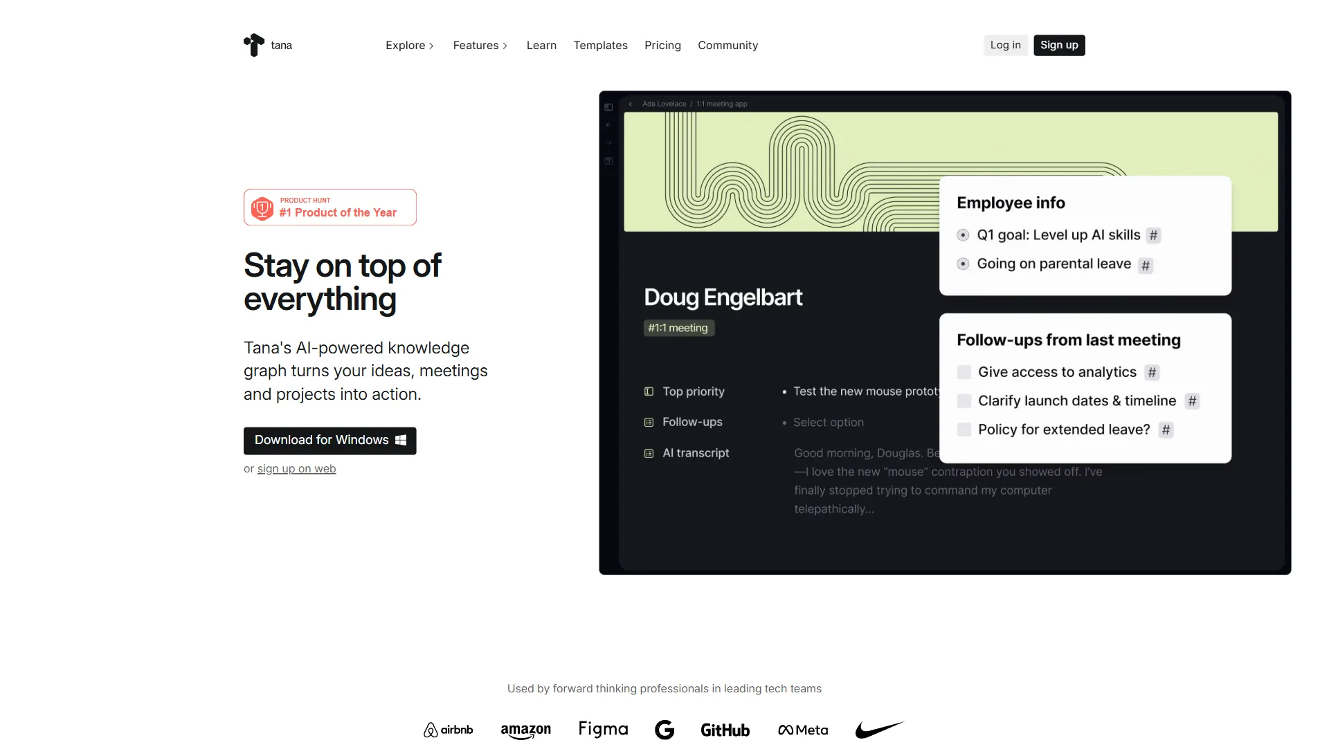 Tana homepage with AI knowledge graph tagline, employee info cards, and meeting follow-up panel