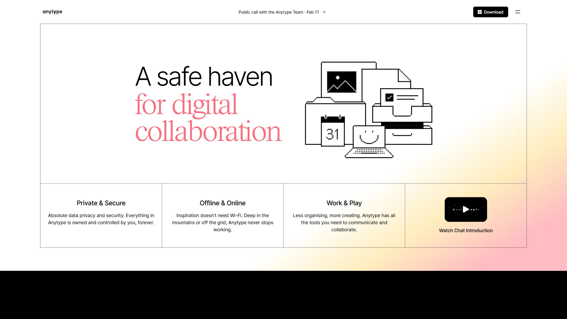 Anytype homepage with safe haven tagline, privacy, offline, and collaboration feature cards