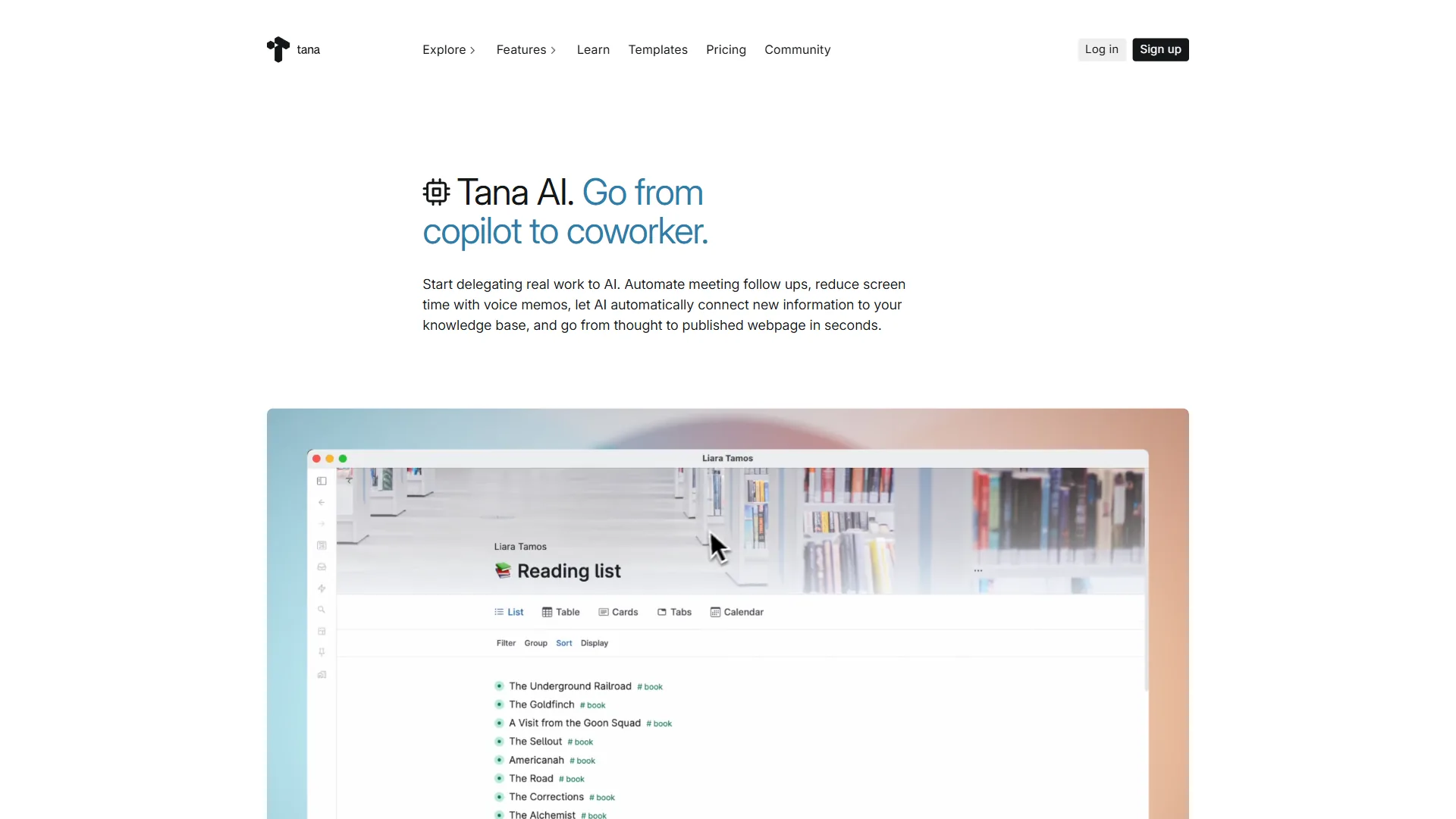 Tana AI landing page with copilot-to-coworker headline and a Reading List demo using book Supertags